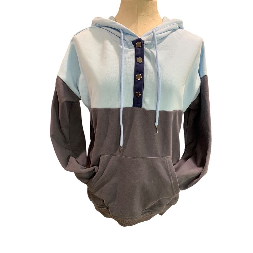 Medium‎ Womens Blue Gray Hoodie Sweatshirt Snaps Colorblock